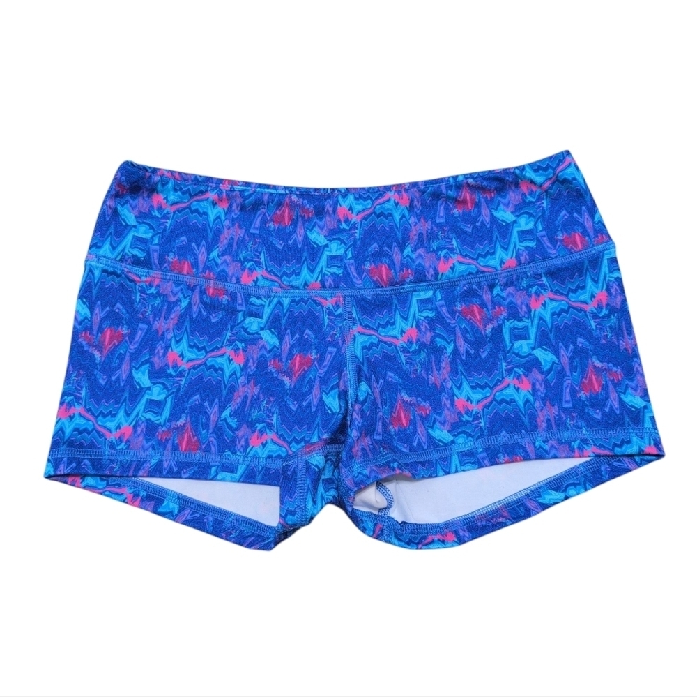 FLEO CrossFit Spandex Workout Shorts 2.5" Midrise Bright Blue Retro‎ Print Small